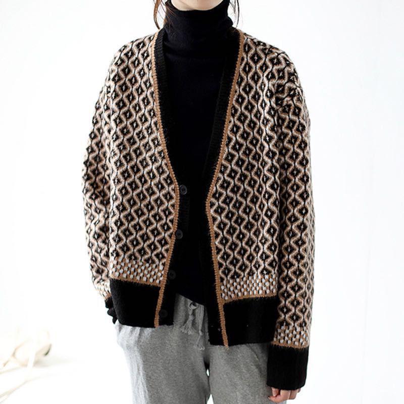 Autumn European and American Style Jacket Short V-neck Knitted Top Cardigan Loose Women Sweater