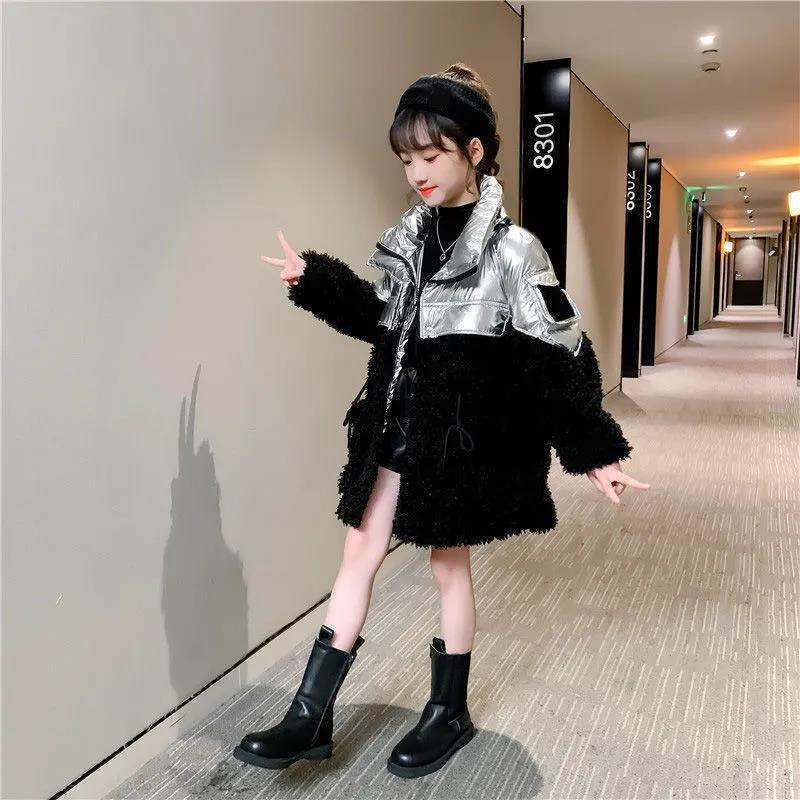 Girls' Thick and Velvet Warm Cotton Coat Winter Down and Windproof Cotton Jacket Girls Mid-length Padded Jacket