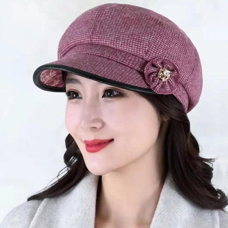 Women's Octagonal Beret Hat Wool Blend Plaid Flower Diamond Hat Autumn and Winter Mother Hat Middle-aged Elderly Baker Hat