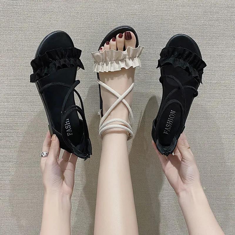 Roman Sandals Women's Summer Flat-bottom Straps All-match Casual Beach Shoes Women's One-word Buckle Flat Sandals Sweet and Light