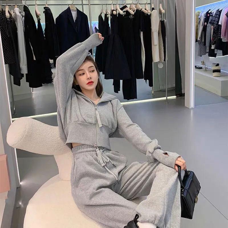 2PCS Women's Spring and Autumn Hooded Sweater Suit Ladies Waist Thin Cardigan + Legging Casual Sports Pants Two-piece Student Fitness Jogging Suit