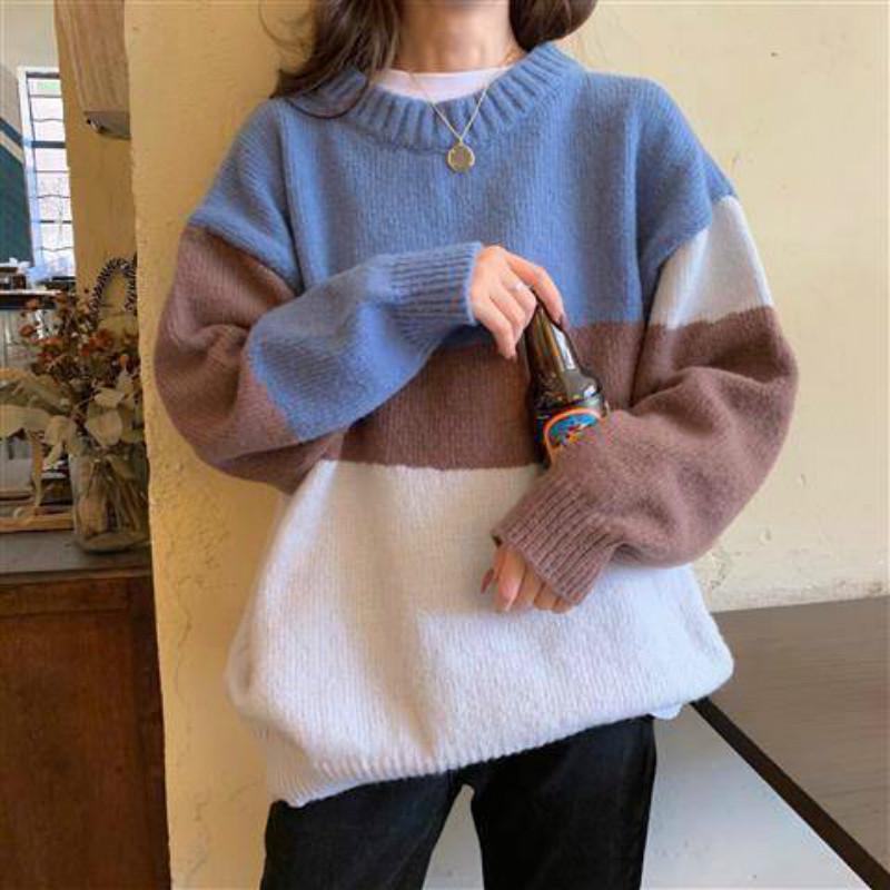 Pofulove Sweater Loose Autumn Winter Korean Lazy Color Matching Striped Round Neck Pullover