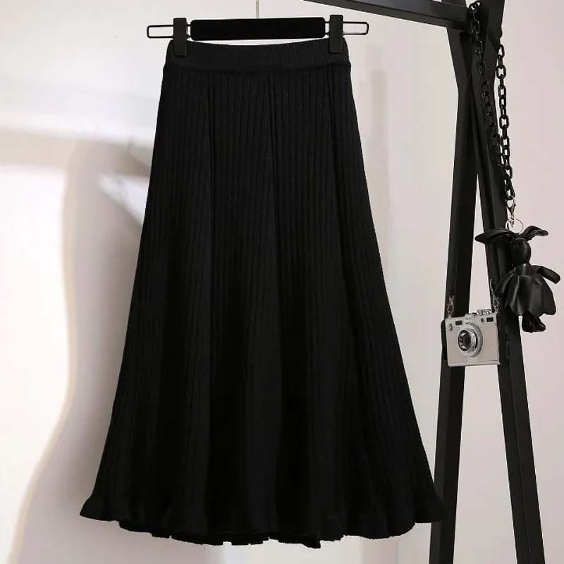 Women's Autumn and Winter Warm Woolen Skirts Fashion Knitted Skirts Korean Mid-length High-waisted Ruffled A-line Fishtail Skirts
