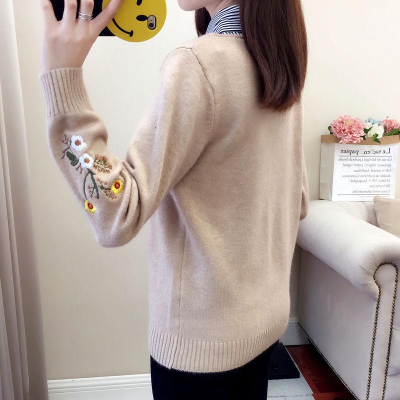 Autumn Winter women Sweater Korean Embroidered Lapel Stitching Fake Two-piece Blouse Loose Pullover Sweater for Students Office lady