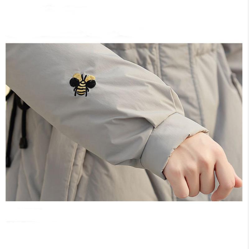 Women's Solid Color Embroidered Down Jacket Mid-length Korean Style Loose Thick Coat Warm Cotton Coat Large Fur Collar Winter Quilted Jacket