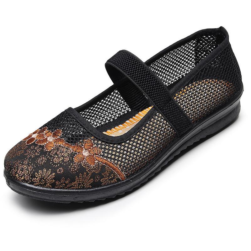 Old Beijing Cloth Shoes Women's Single Shoes Summer Mother Shoes Middle-aged and Elderly Breathable Mesh Shoes Flat Hollow Cloth Shoes