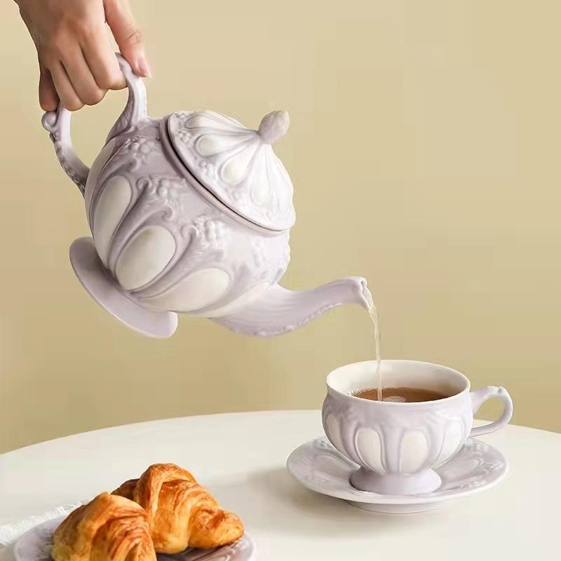 European Afternoon Tea Set, Coffee Cup, Saucer Set, Spoon, French Retro Embossed English Teapot, Cup