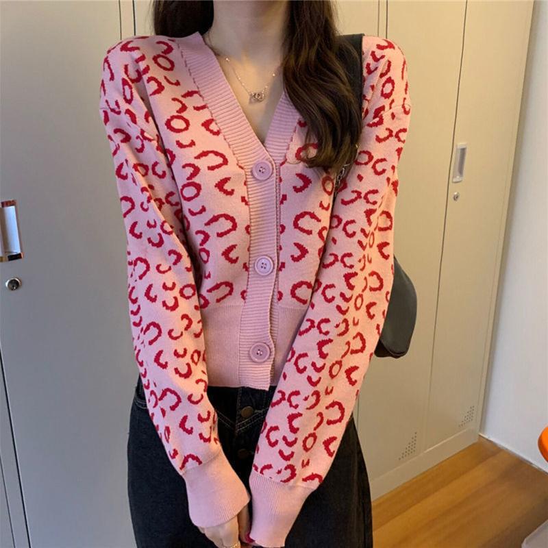 Spring Contrast Color V-neck Long-sleeved Short Leopard-print Knitted Cardigan Women's Outer Slim Sweater Coat