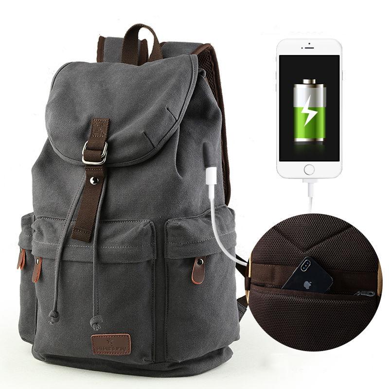 Man Leather Casual USB Interface Backpack Bag Hole Mens School Travel Rucksack Laptop Backpack