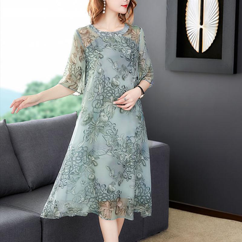 Women's Mid-length Dress Clothing Large Size Loose Chiffon Round Neck Short Sleeve Printing