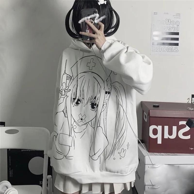 Women Hoodies Anime Sweatshirt White Hooded Oversized Tracksuit Autumn Winter Hooded Sport Shirts
