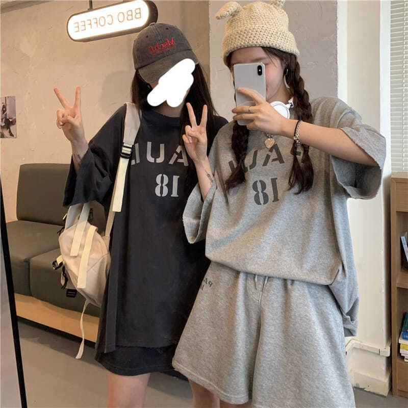 2PCS Women's Summer Sports and Leisure Suits Large Size Loose Short-sleeved T-shirt + Wide-leg Shorts Two-piece Suits Lazy Style Fitness Jogging Suits