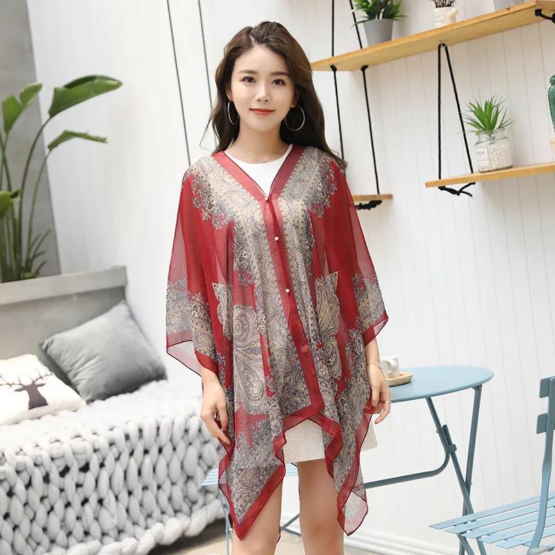Chiffon Temperament Shawl Women Wear Sunscreen Beach Towel Summer Large Size Shawl Cloak-style Wrap All-match Lightweight Scarf
