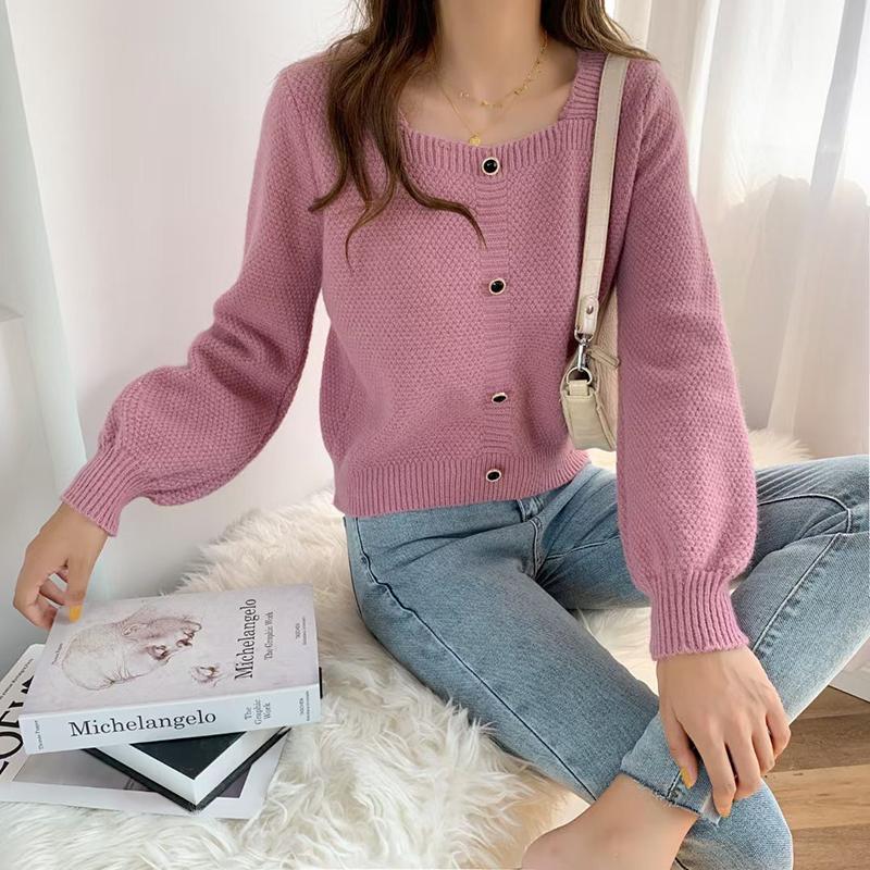 Spring, Autumn and Winter Outer Wear Square Neck Long-sleeved Pullover Sweater Women Loose and Thin Short Knit Sweater Women's Top All-match