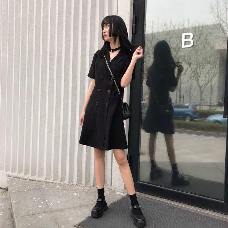 Black Dress Women's Cool Girl Summer Dress Short Sleeve Turn-down Collar Knee-length Daily Wear Office Dating Party