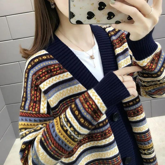 Large Size Ethnic Style Striped Cardigan Women's Spring and Autumn Korean Style Loose Sweater Knitted Jacket