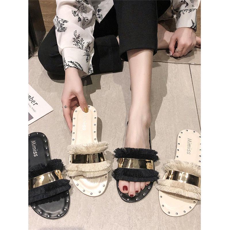 Slippers female summer wear wild word flip flops retro fashion flat bottom beach sandals slippers