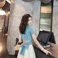 Two-piece Skirt Suit Summer Ladies Bow Tie Cotton Top T-shirt + Organza Chiffon Skirt Sexy Show Waist A-line Skirt Suit