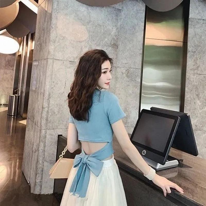 Two-piece Skirt Suit Summer Ladies Bow Tie Cotton Top T-shirt + Organza Chiffon Skirt Sexy Show Waist A-line Skirt Suit