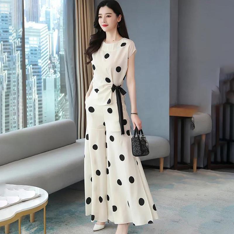 Polka Dot Chiffon Women's Two-piece Loose Wide-leg Pants Round Neck Sleeveless Bow-knot Shirt Chiffon Fabric Light and Breathable