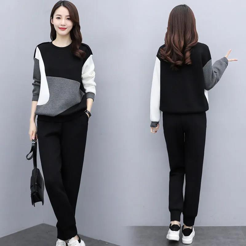 Women's Suits Are Loose Thin and Age-reducing Casual Two-piece Round Neck Long-sleeved Shirt + Casual Pants Warm and Comfortable