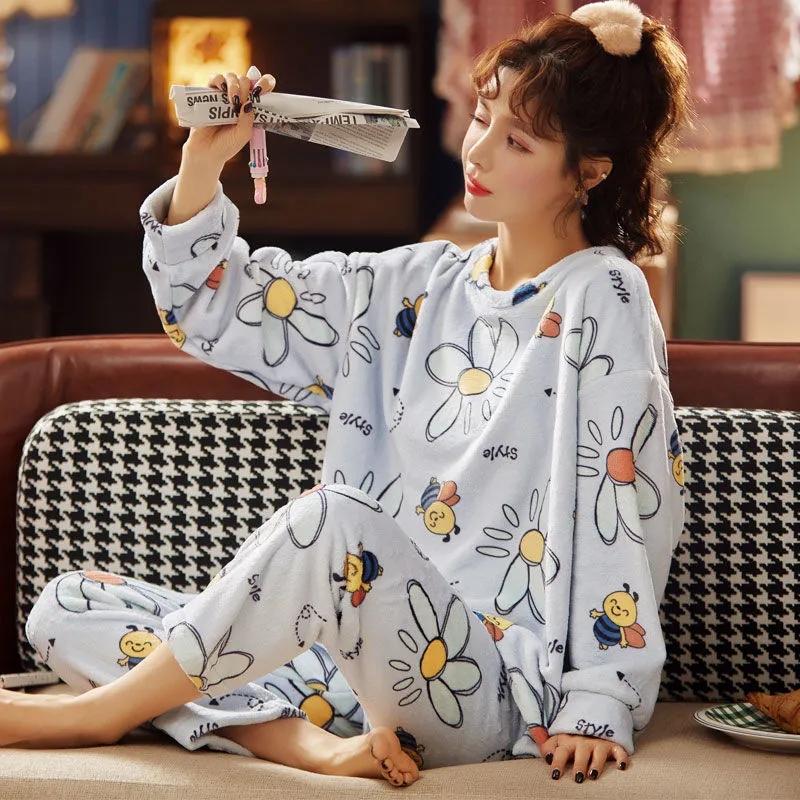 Women's Pajamas for Fall Winter Coral Fleece Sleepwear Set Flannel Warm Thick Home Wear Suit Cartoon Cute Loose Nightwear Long Sleeve Round Collar