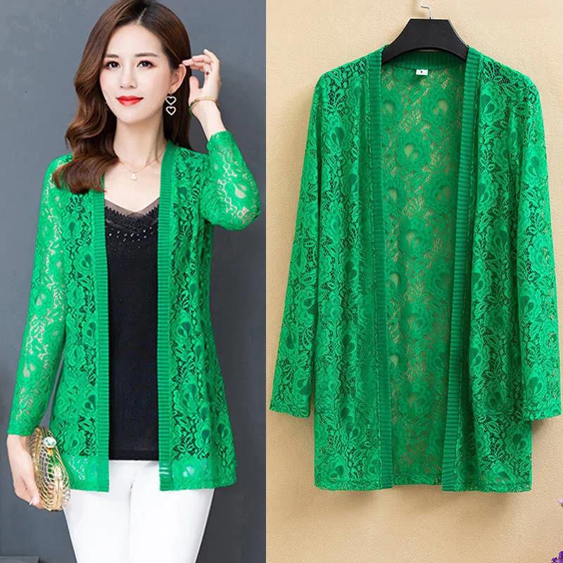 Summer Season Large Size Women's Clothing Mid-length Lace Cardigan Thin Coat Outside Long Sleeve Sun Protection Clothing