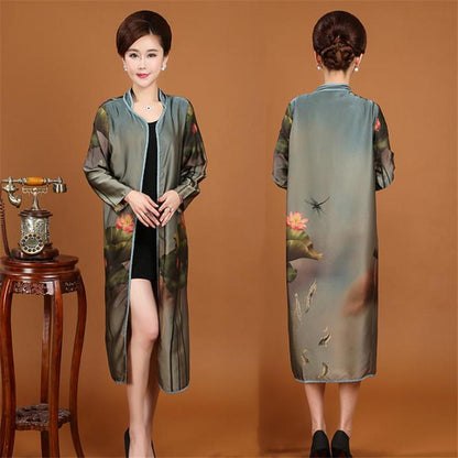 Wome's Retro Printing Spring and Autumn Long Cardigan Outerwear Long Sleeve Slim Windbreaker Coat Ladies