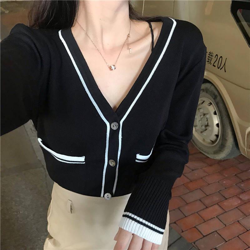 Pofulove Autumn Women's Knit Cardigan Jacket V-neck Long Sleeve Loose Slim Fit Ladies Sweater