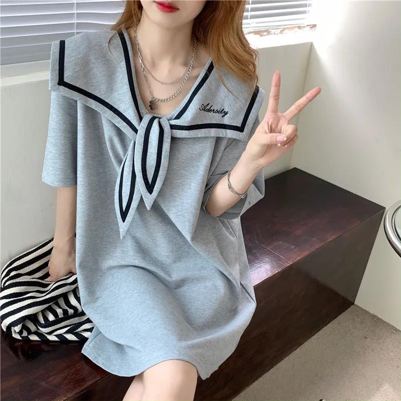 Retro Cute Style Solid Color Sailor Collar Navy Dress Sweet Bow-knot Student Girls Above Knee Dress