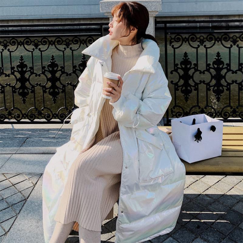 Women's Winter Korean Style Loose Quilted Jacket Warm Stand-up Collar Down Jacket Women's Bright Patent Leather Long Down Jacket