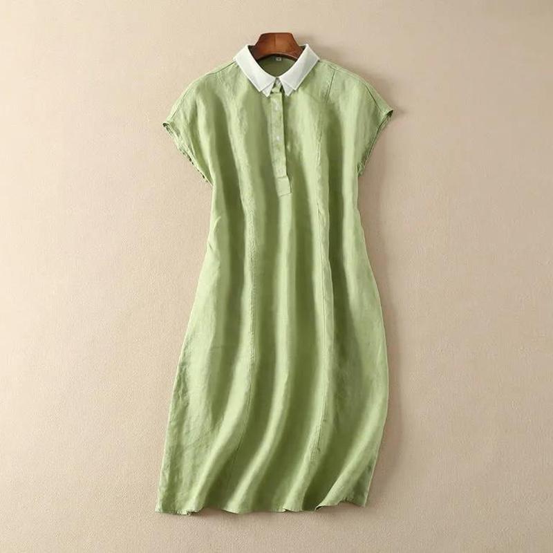 Summer Women's Doll Collar Short Sleeve Mid-length Dress Solid Color Large Size Long Dress