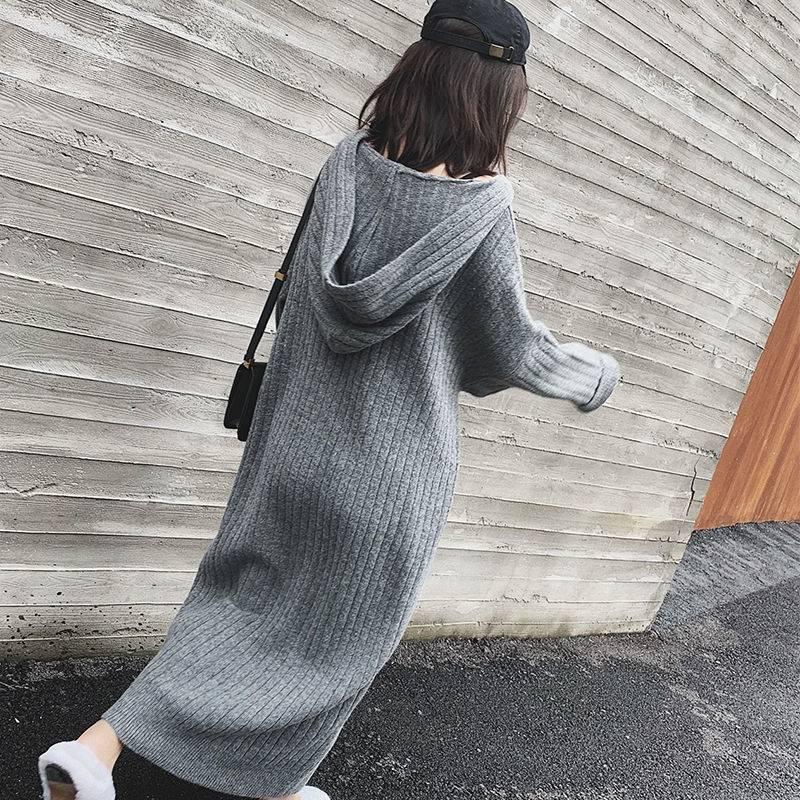 Autumn and winter plus long knee hooded loose knit dress vertical stripes was thin sweater women