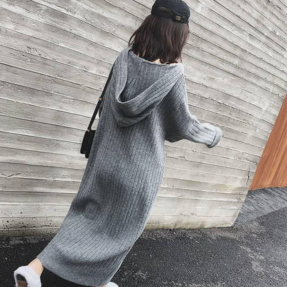 Autumn and winter plus long knee hooded loose knit dress vertical stripes was thin sweater women