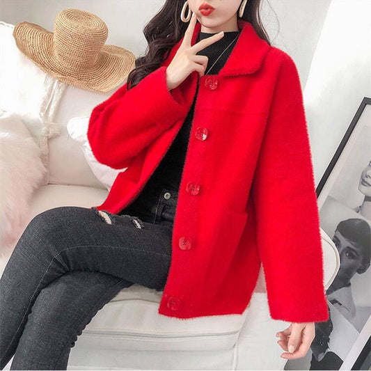 Woolen Fashion Jacket Fall/Winter Lapel Short Sweater Thicken Long Sleeve Knit Cardigan