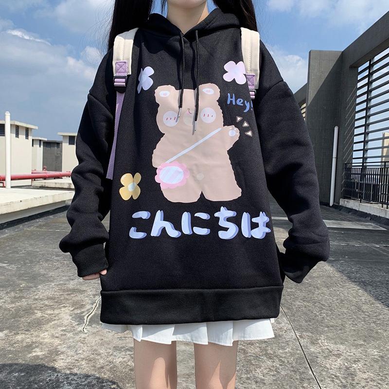 Anime Sweatshirt Japan Cartoon Hooded Tops Oversized Streetwear Harajuku White Long Pullovers Hoodies Plus Size Loose Thick Fleece Fall Winter Hoodies