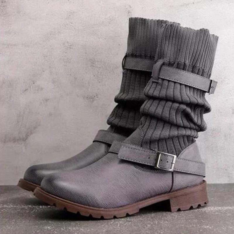 Women Sock Boots Winter Shoes Mid-calf Leather Boots Punk Goth Platform Shoes Belt Fashion Designer Boots Plus Size 35-43