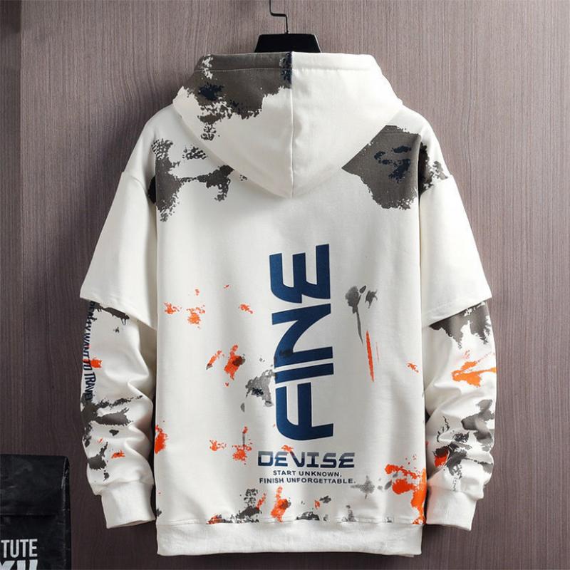 Men's Hooded Sweaters Fall and Winter Loose Warmth Printing Fake Two-piece Long-sleeved Sweaters
