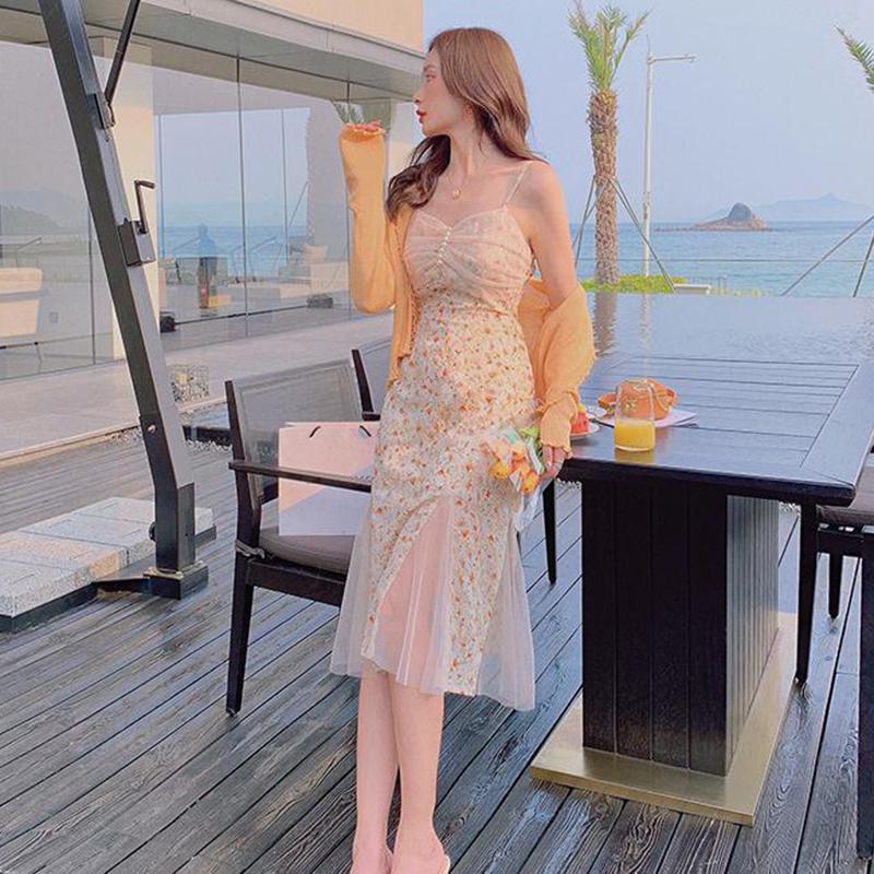 Floral Sling Dress Female Spring Summer Casual V-neck Sleeveless Mid-length Casual  Comfortable