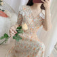Women's Summer Sweet Short Sleeve Long Floral Dress Doll Collar Thin A-line Skirt