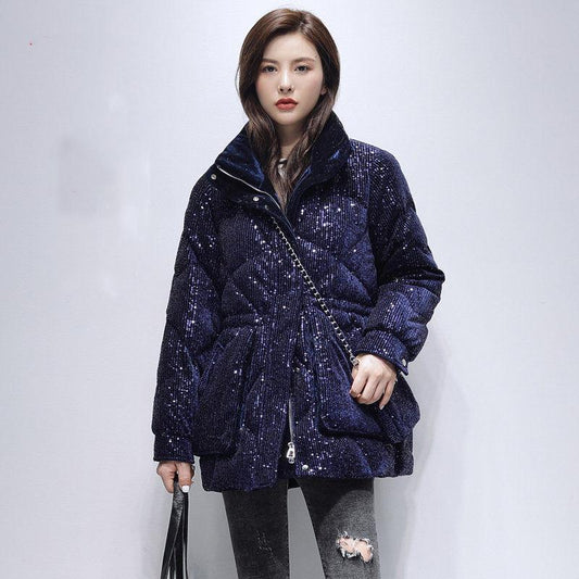 Design Niche Sequined Down Jacket Women's Mid-length Autumn and Winter Fashion Korean Style Jacket