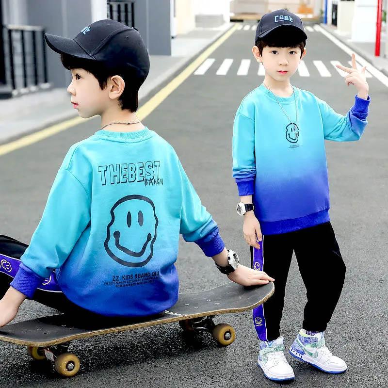 Boys Spring and Autumn Sports Set Long-sleeved Pullover Round Neck Smiley Pattern Printing Gradient Color Sweater Trousers Two-piece Set