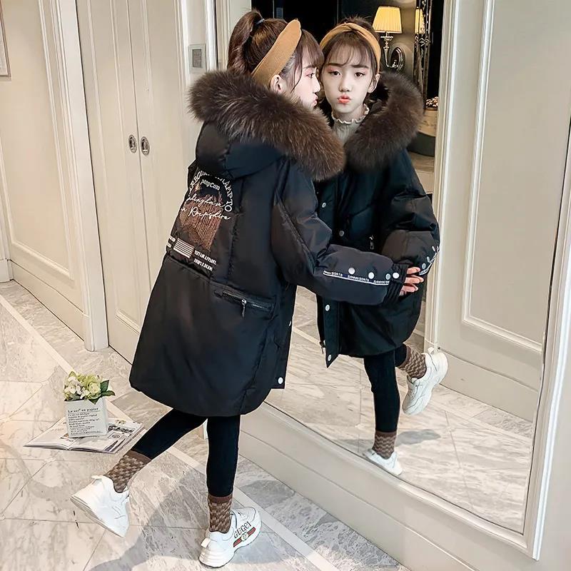 Girls' Warm and Windproof Cotton Coat Mid-length Thick and Velvet Autumn and Winter Jacket