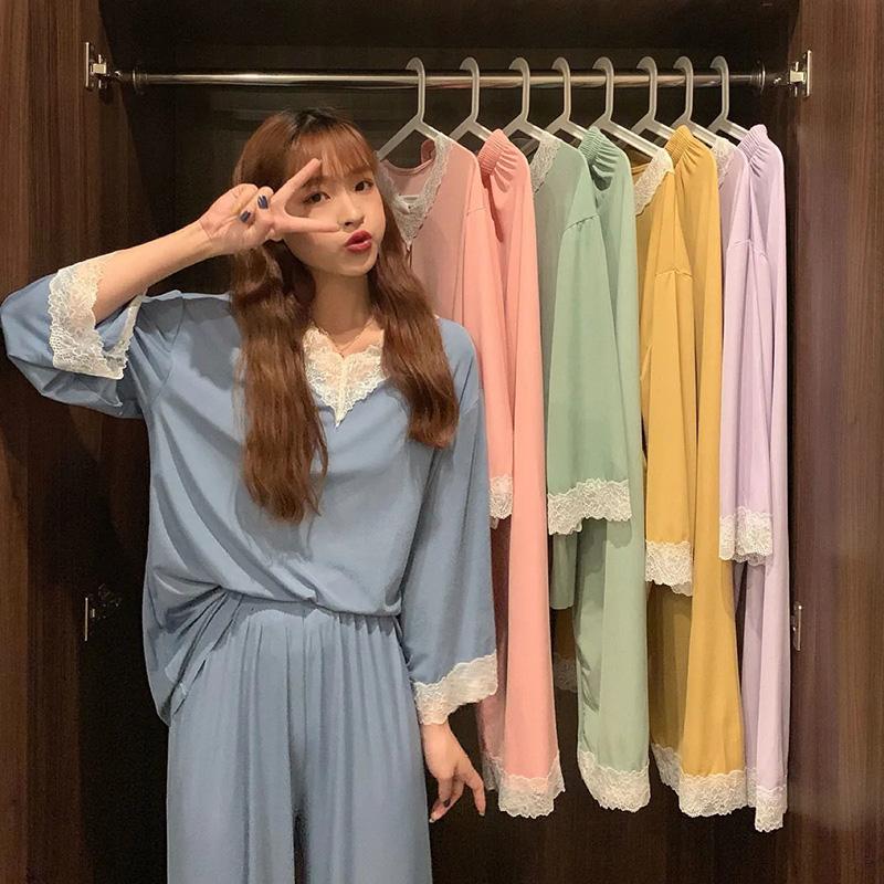 Women's Spring Autumn Long-sleeves Pajamas Set Sexy Lace Edge V-neck Sweet Loose Home Wear Two-piece Suit Solid Color Breathable Sleeping Suit