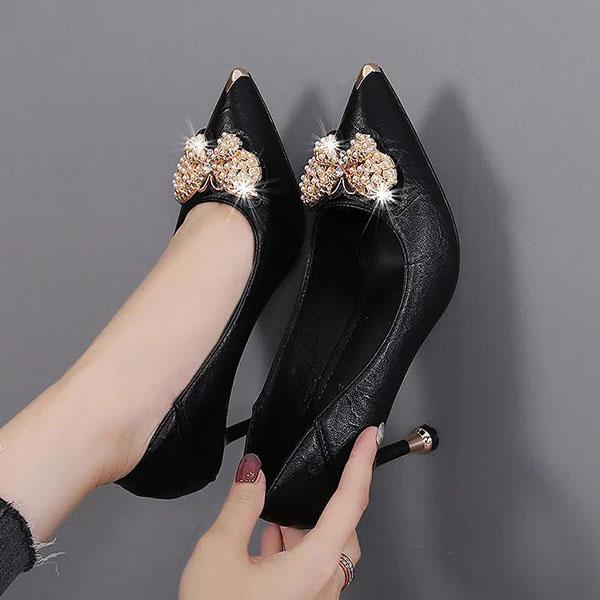 Women's Spring and Summer Soft Leather High Heels Genuine Leather Stiletto Shoes Rhinestone Butterfly Shoes for Office Ladies
