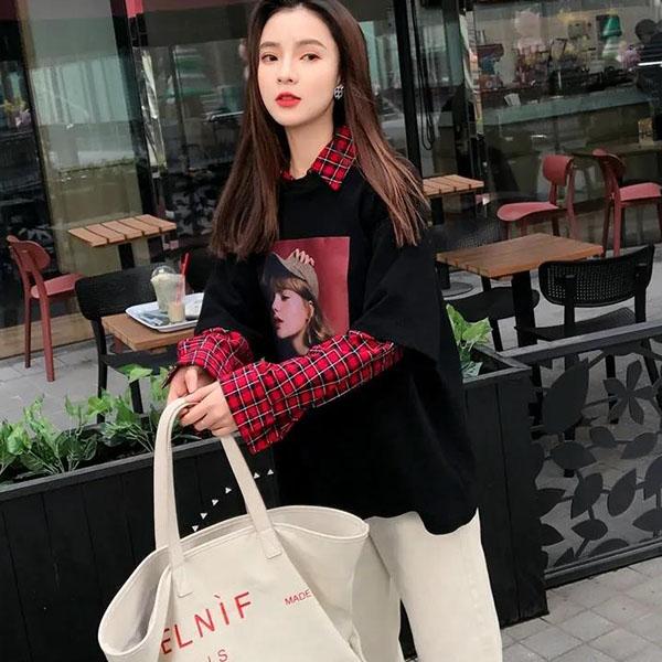 Fake Two-piece Splicing Tops Women's Spring and Autumn Long Sleeve Thin Sweater Large Size Loose Plaid Print Pullover