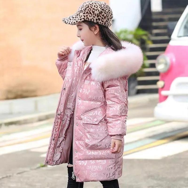 Girls Down Padded Jacket Mid-length Winter Clothes Big Children's Padded Coat Woolen Collar Warm and Thick Printed Cotton Jackets