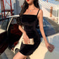 French Sexy Sling Black Dress Temperament Slim Slimming Buttocks Short Skirt Spring Summer Velvet Dress