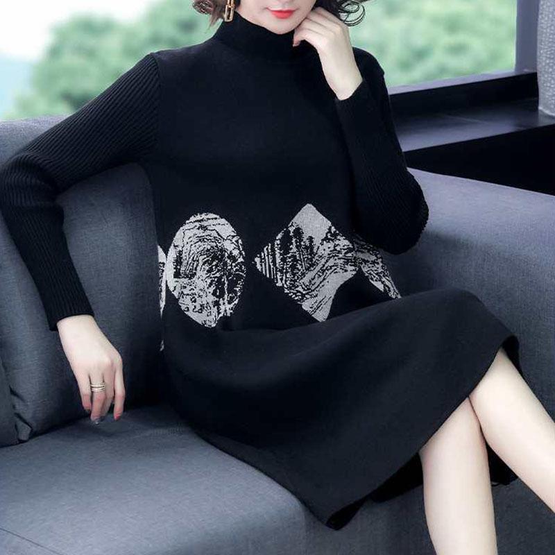Autumn and Winter Plus Size Thick Sweater Half High Neck Loose Knit Top Mid-length Middle-aged Ladies Sweater Dress