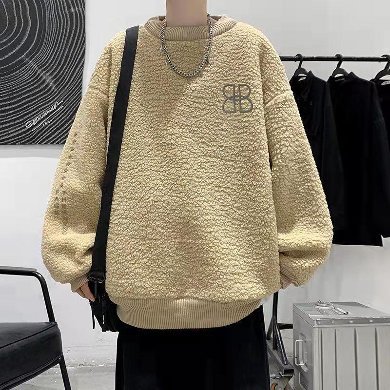 Autumn and Winter Plus Velvet Padded Round Neck Sweater Men's Loose Hedging Warm and Comfortable Jacket